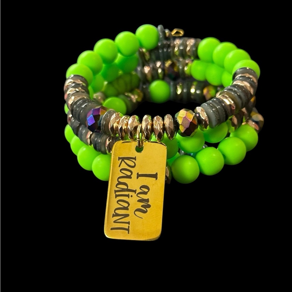 Neon Green Beaded Bracelet with Gold Tag - Picture 5 of 10